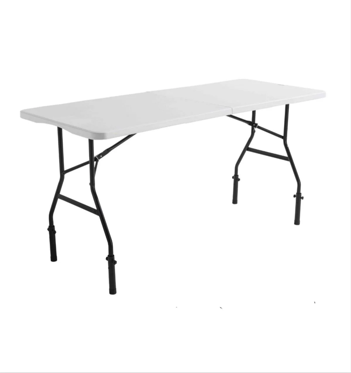 Table pliante avec une surface blanche et un cadre en métal noir.