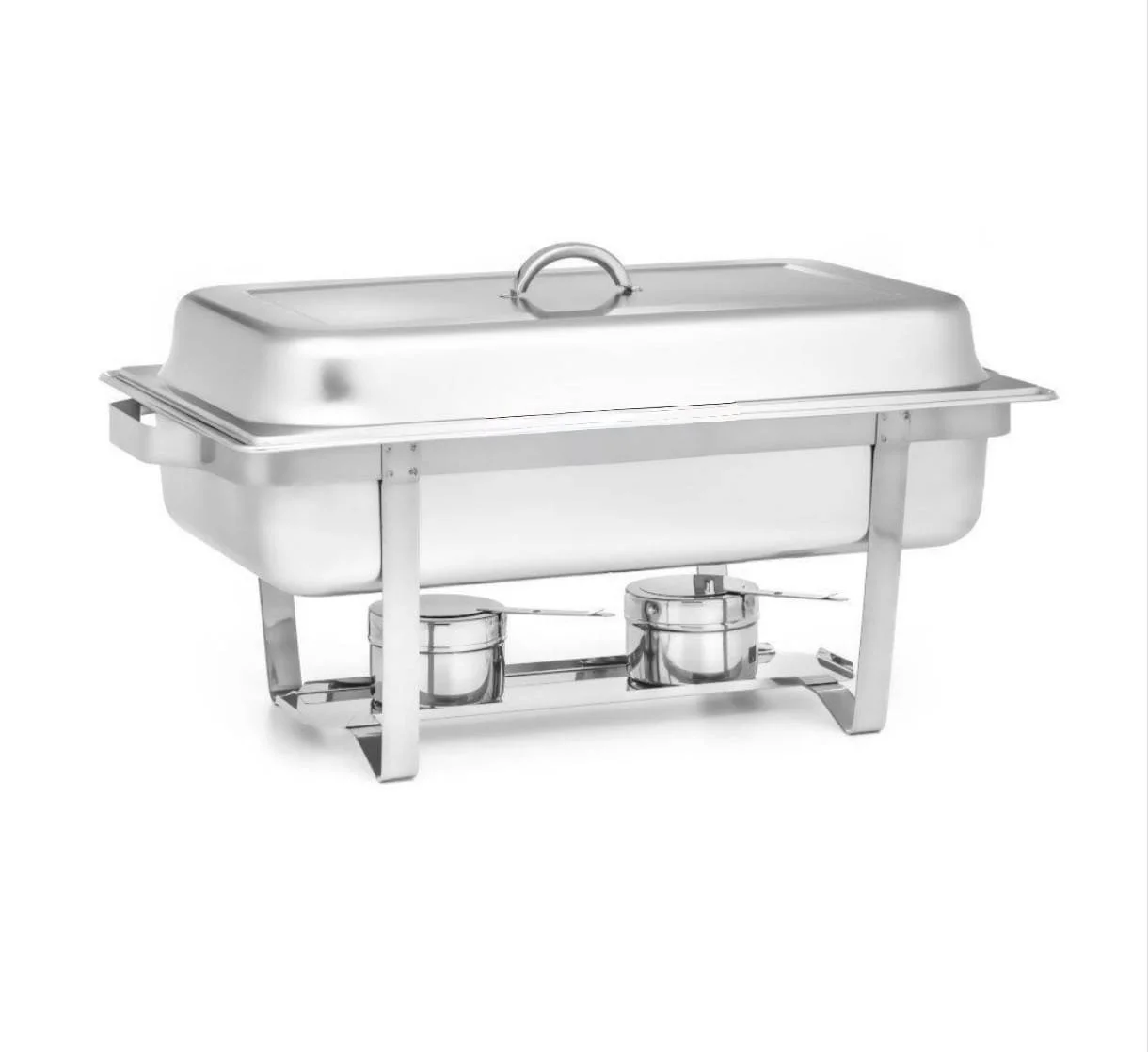 Chafing dish en métal inoxydable avec couvercle, sur un support avec deux petits brûleurs