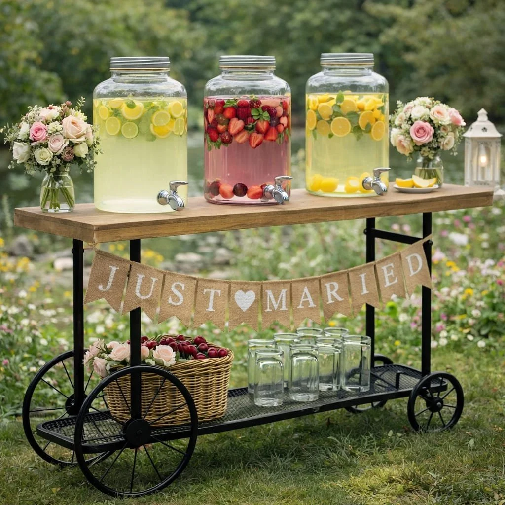 Stand de boissons pour mariage avec trois jarres remplies de boissons aux fruits, décoré de fleurs et d'une bannière "Just Married" en extérieur