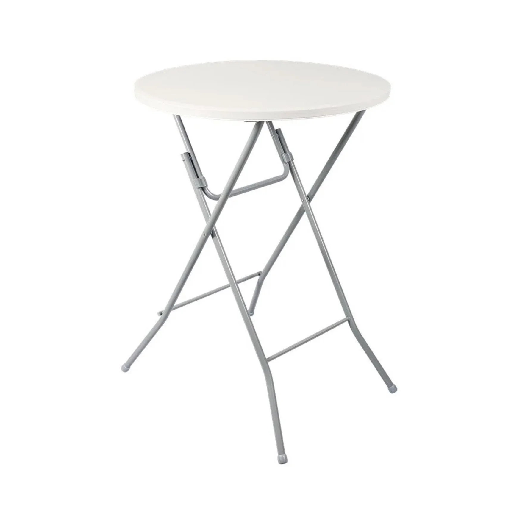 Une table pliante blanche avec un plateau rond et des jambes en métal argenté.