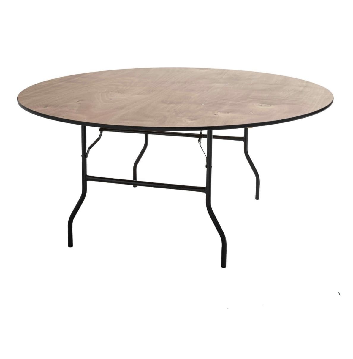 Table ronde avec un plateau en bois clair et des pieds en métal noir, pliable.