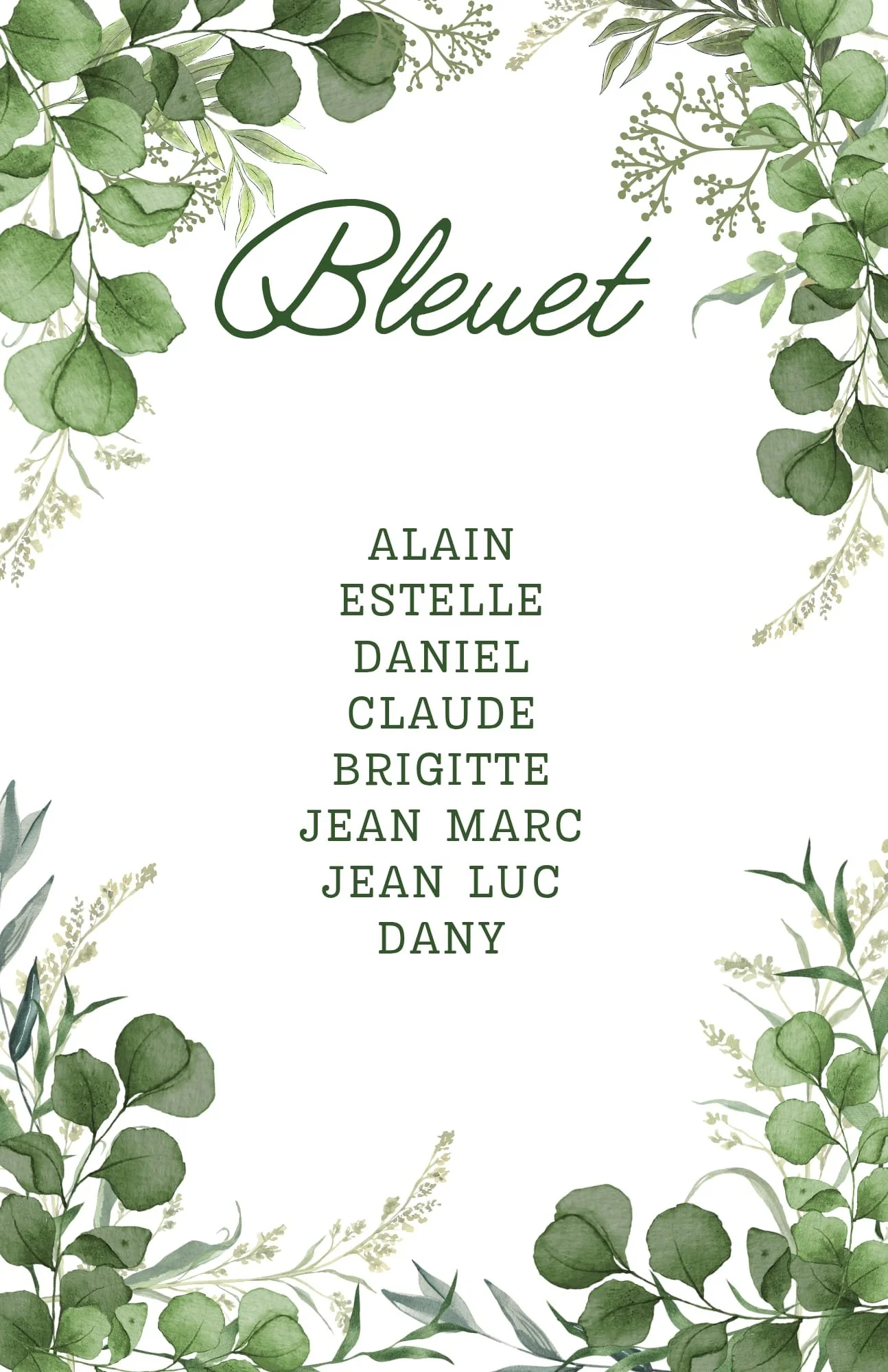 Carte de voeux ou programme de cérémonie avec des feuilles vertes autour du texte "Bleuet" et une liste de noms en dessous.