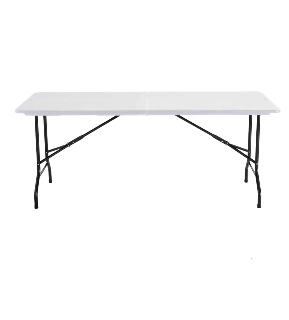 Table pliante avec un plateau blanc et un cadre métallique noir.