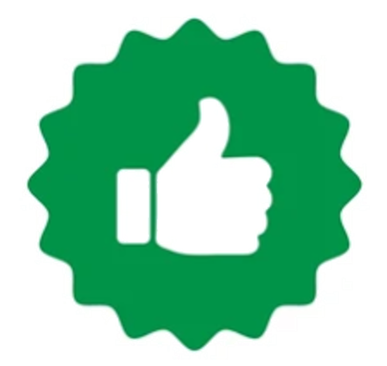 Green badge with a white thumbs-up symbol in the center.