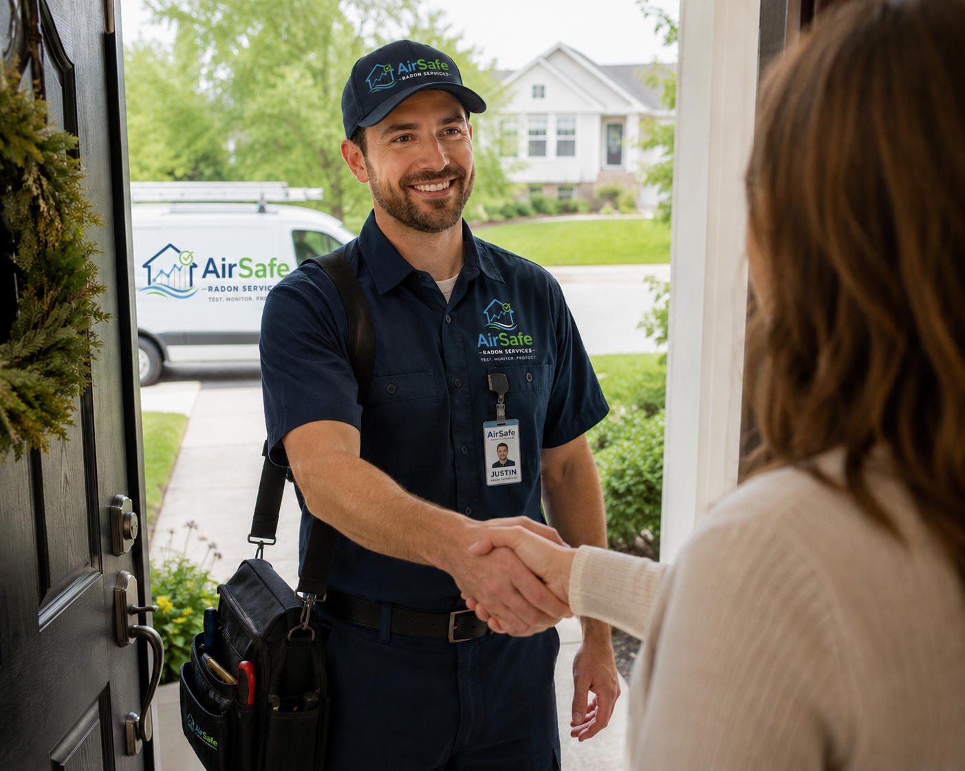 A smiling technician in a navy uniform and cap with AirSafe logo shaking hands with a woman at her home's front door. The technician has a name tag reading Justin and is equipped with a tool pouch.