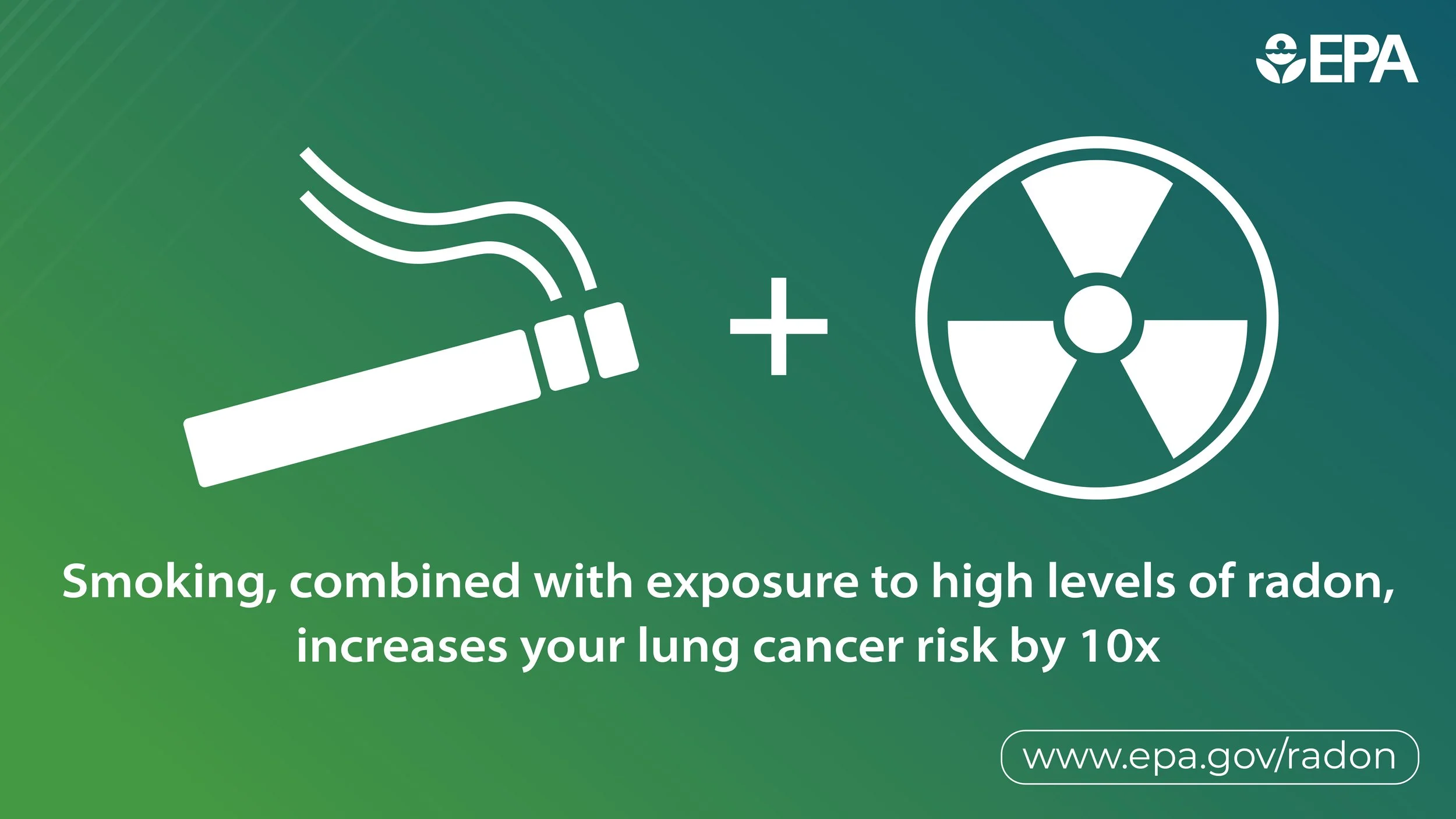 A graphic showing a lit cigarette next to a radiation warning symbol, indicating the health risks of smoking and radiation exposure, with a green background and EPA logo.
