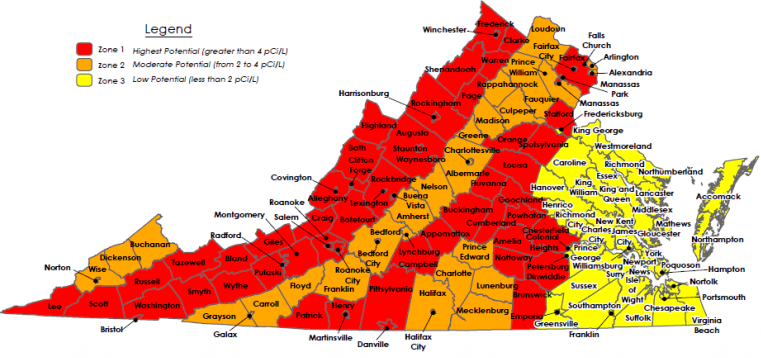 Map of Virginia with regions color-coded to show areas where different political candidates are popular. Red for Trump, yellow for McCain, and orange for other candidates. City and town names are labeled across the state.