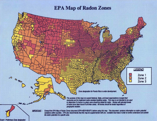 Map of the United States showing EPA Radon Zones, with Zone 1 in purple indicating high radon levels, Zone 2 in orange indicating moderate levels, and Zone 3 in yellow indicating low levels. The map includes a legend and a note about Puerto Rico.