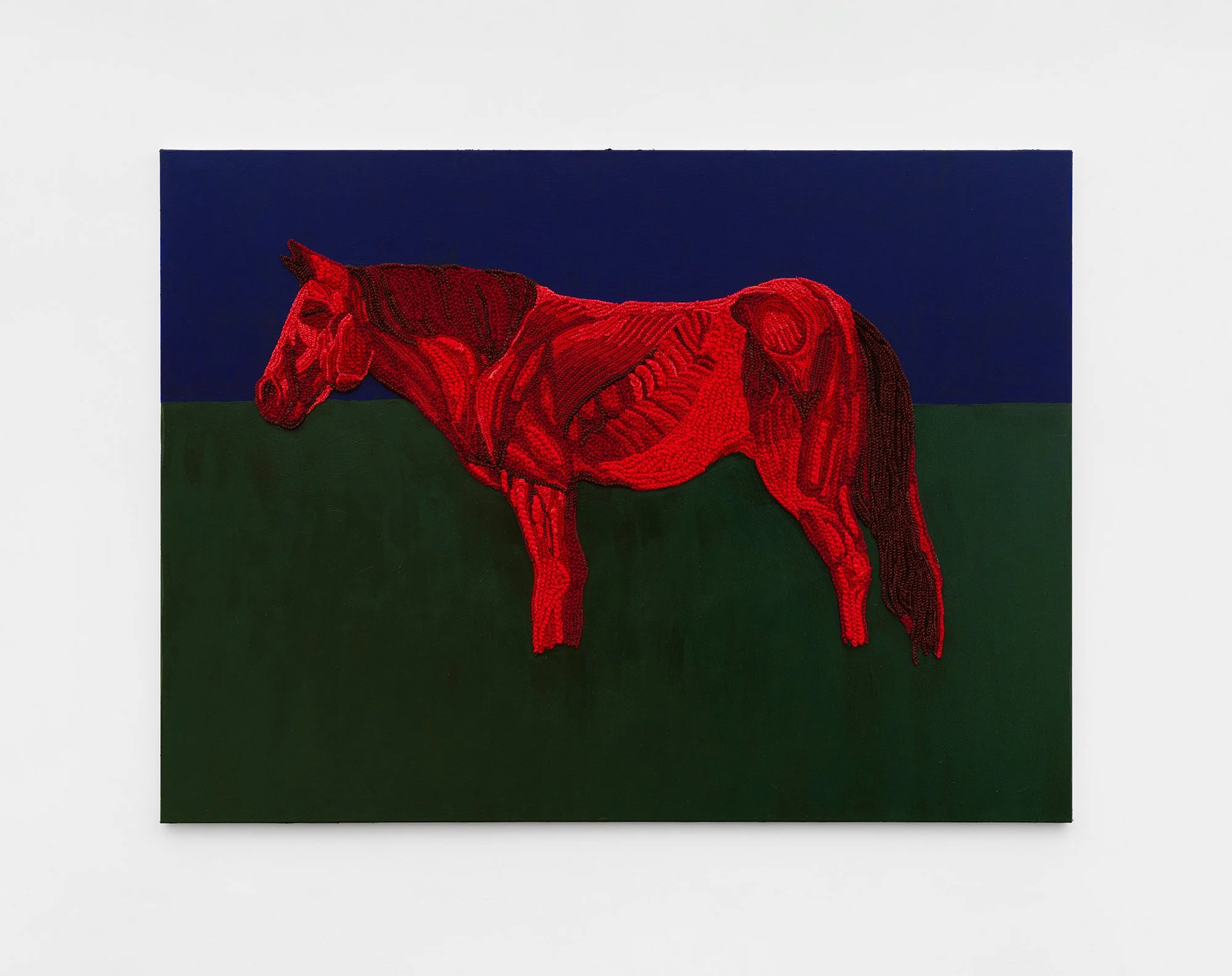 Kensise Anders,
Das Rote Pony, 2024,
Acrylic and cotton crochet threads on canvas,
175 × 210 cm