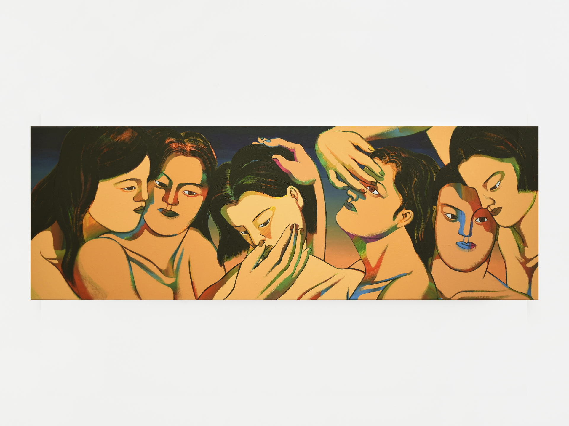 Nam Kim,
Chain of comfort, 2025, acrylic and oil on canvas,
40 × 120 cm