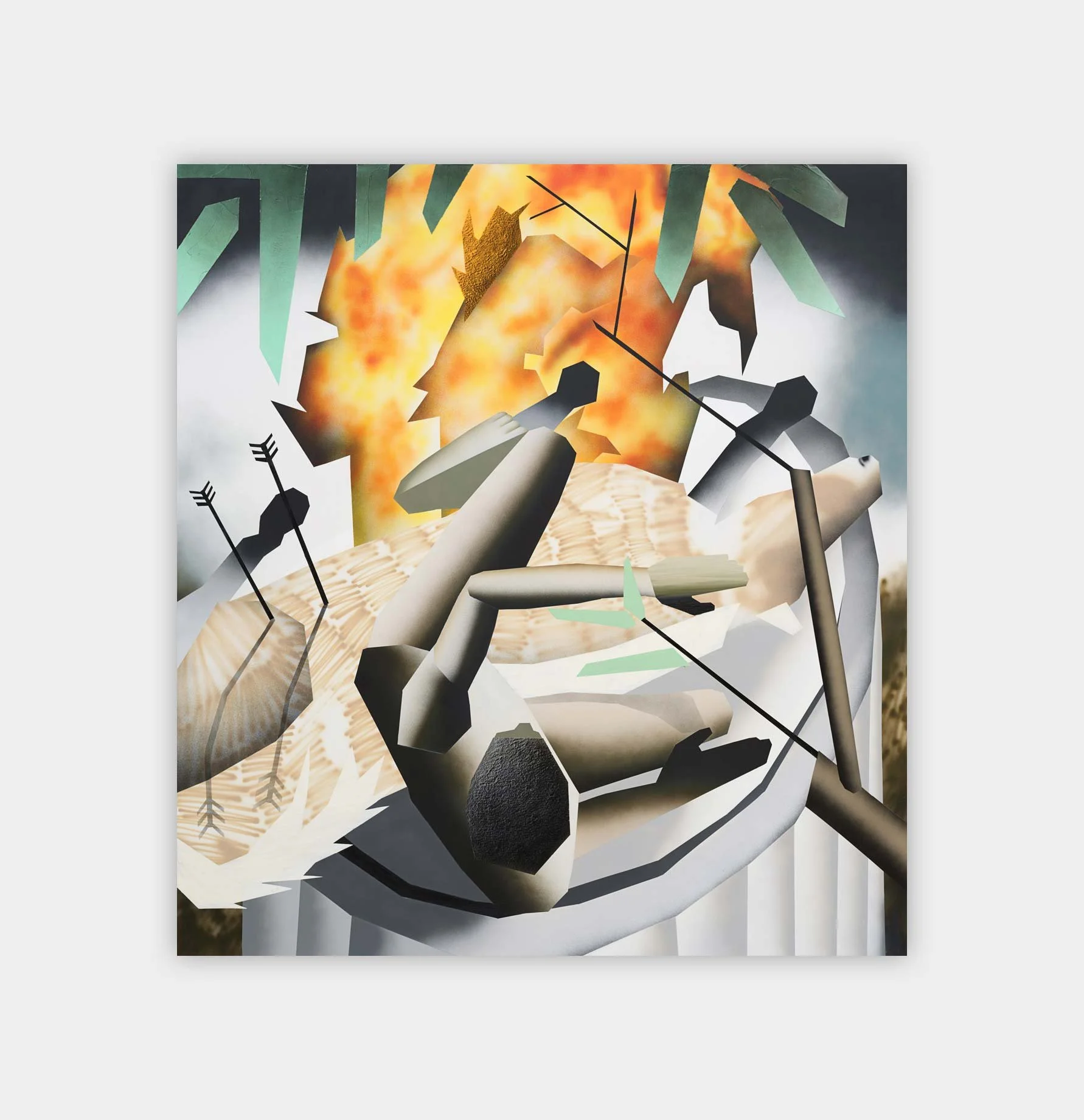 Brandon Lipchik,
Visions of Monument Aflame, 2020,
Acrylic airbrush, oil and mixed media on canvas,
200 x 185 x 10 cm