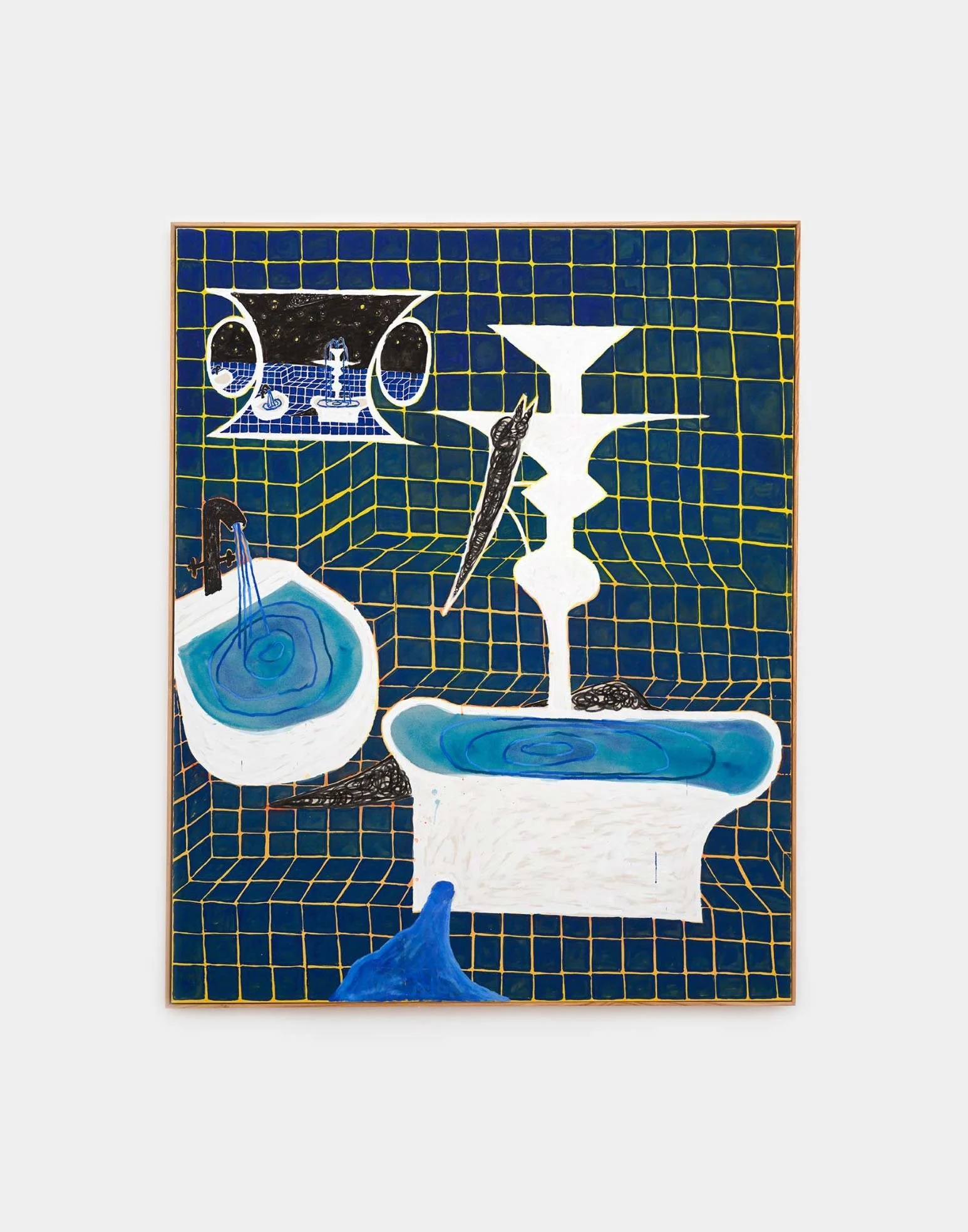 Jan Zöller, Nachts am Brunnen, 2019,
Acrylic paint, oil based coloured pencil and charcoal on canvas,
201 x 160 cm