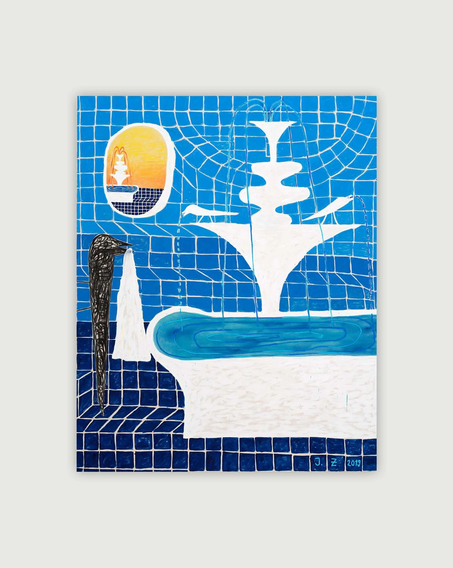Jan Zöller, Badebrunnen, 2019,
Acrylic paint, oil based coloured pencil and charcoal on canvas,
200 x 160 cm