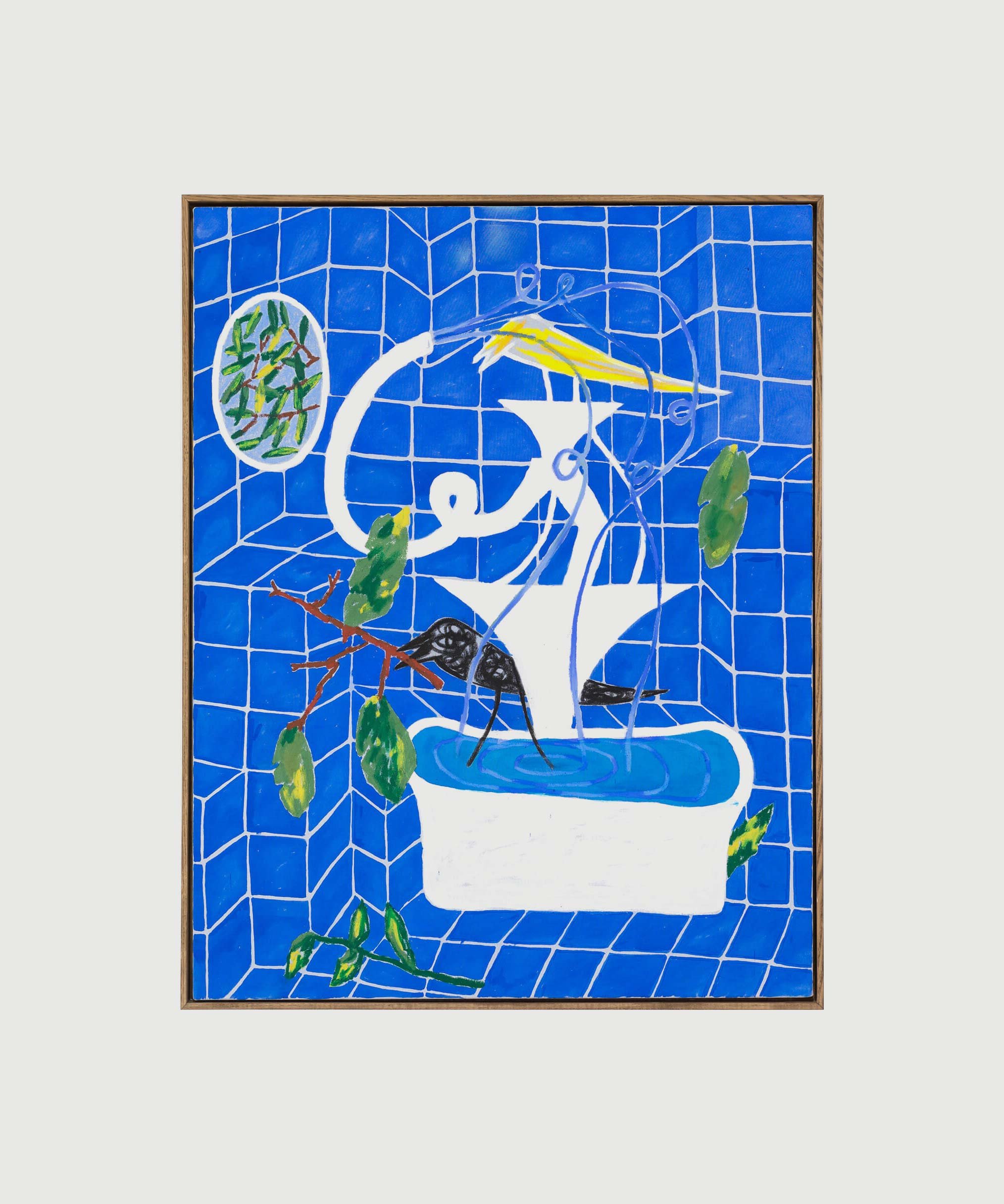 Jan Zöller, Badebrunnen (natural feelings), 2020,
Acrylic, oil based colored pencil and pastels on canvas, 100 × 80 cm