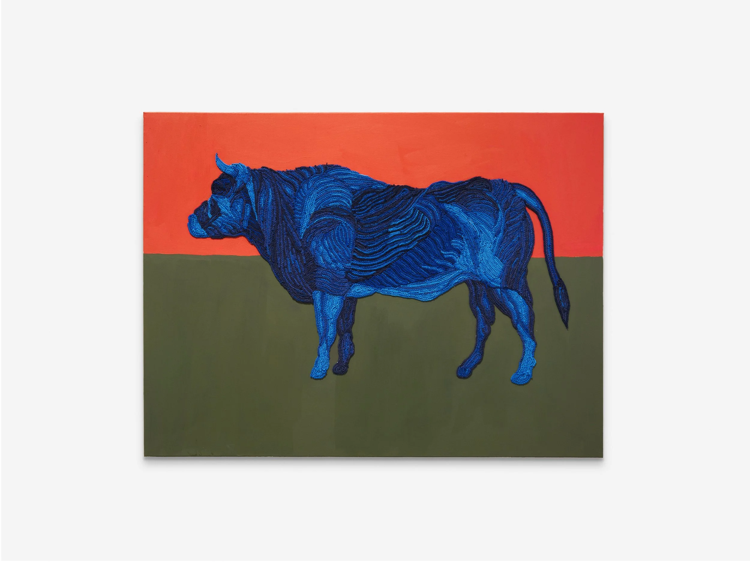 Kensise Anders,
Der Ochs' auf der Weide, 2025,
Acrylic and cotton crochet threads on canvas, 47 1/4 x 63 in,
120 x 160 cm