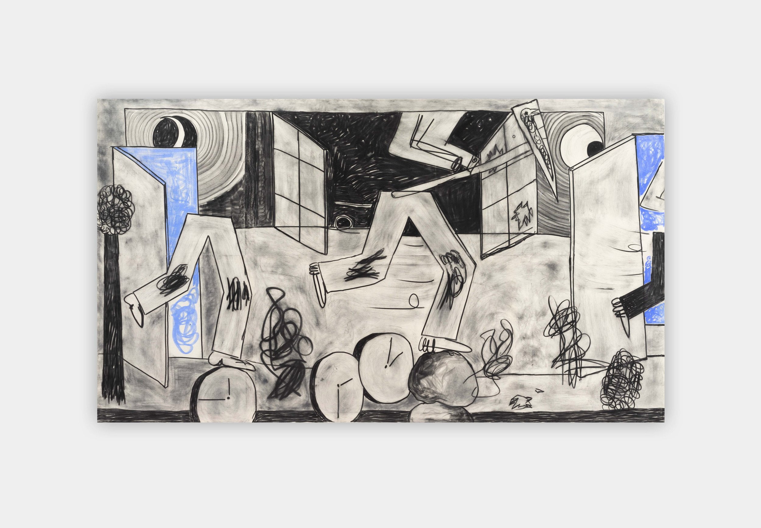 Jan Zöller, Keine Zeit zum Baden, 2021, Charcoal and pastels on canvas, 200 x 350 cm