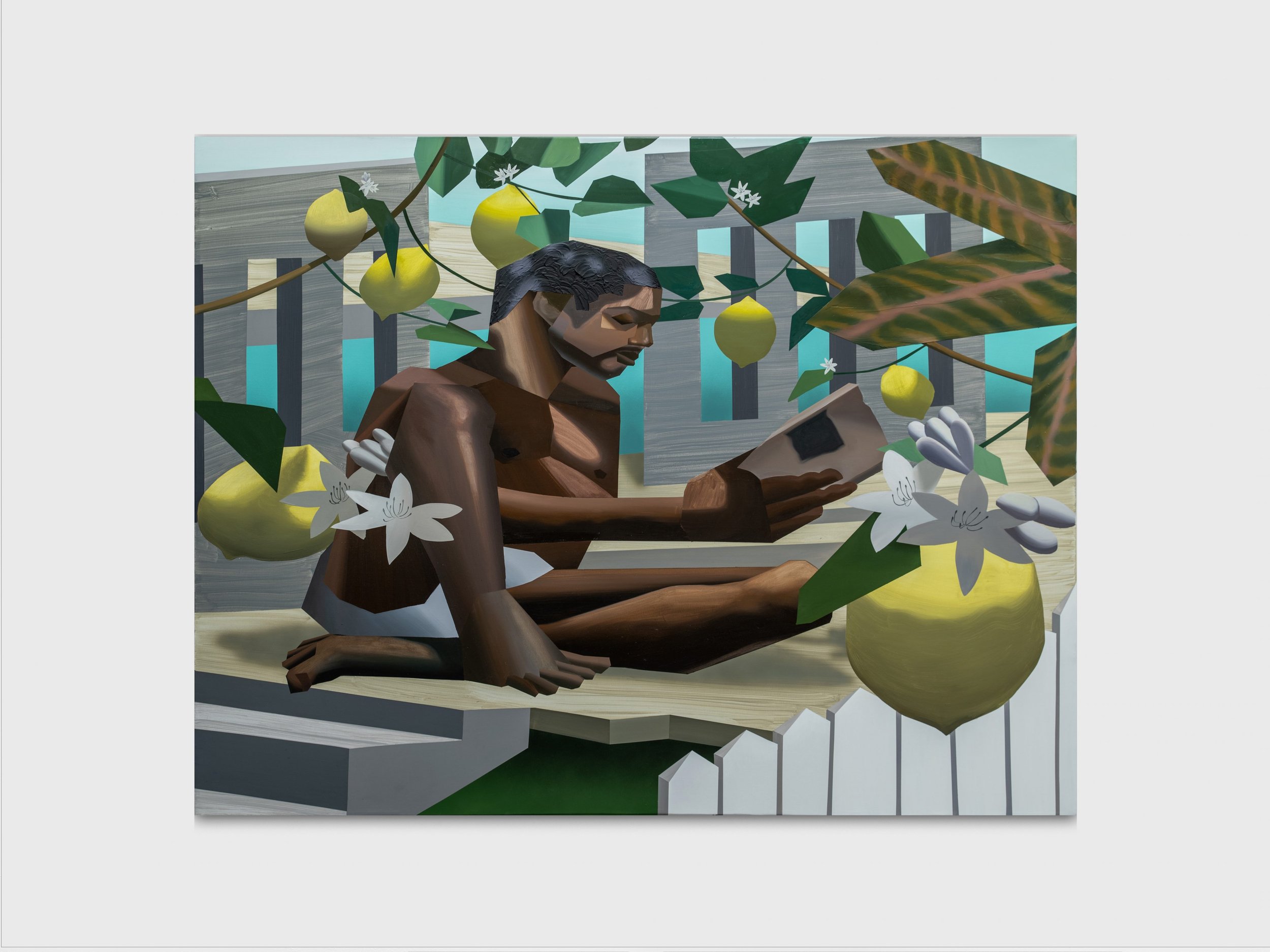 Brandon Lipchik,
Sadiq with Lemon Trees, 2023,
Oil and acrylic on canvas,
165 x 211 cm