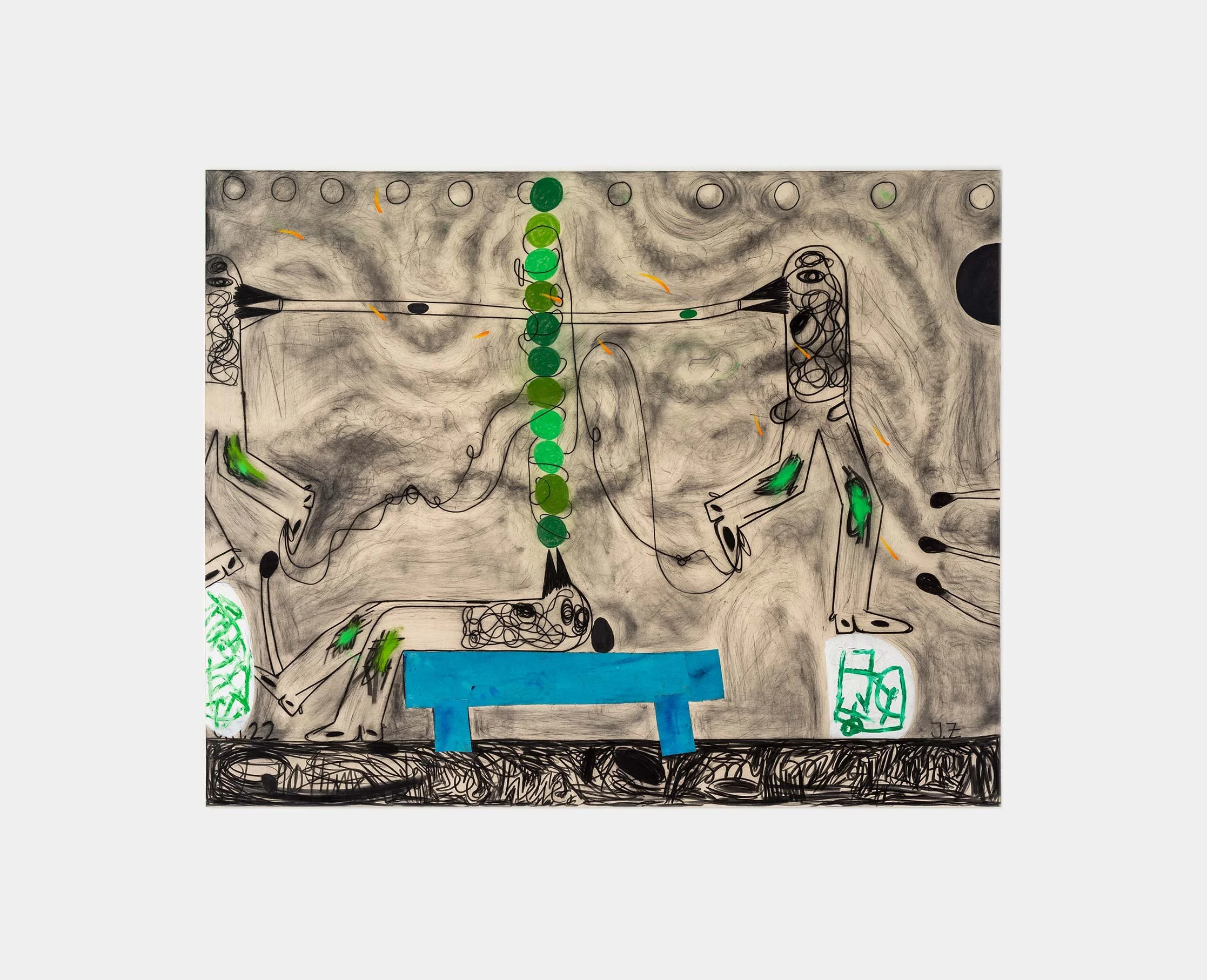 Jan Zöller, Zuofirsiht, 2022,
Charcoal, oilstick, coloured canvas and pastels on canvas, 200 × 250 cm
