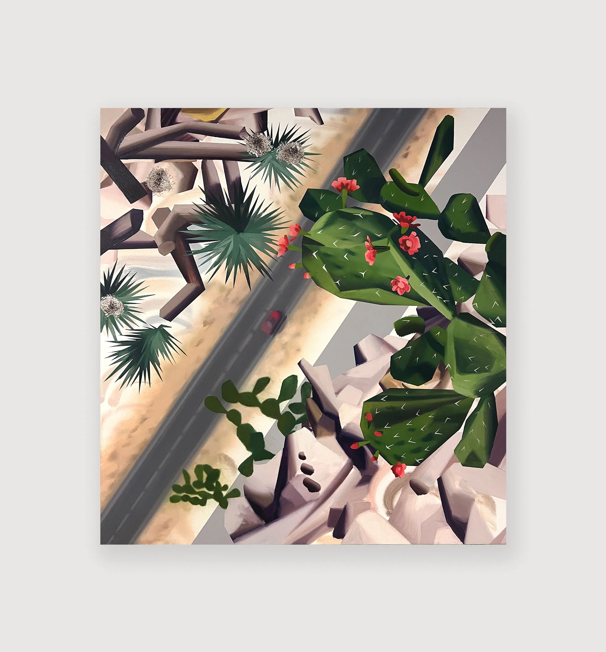 Brandon Lipchik,
Cacti Overlooking Crossroad, 2026,
Oil on canvas,
100 x 93 cm,
39 ⅜ x 36 ⅝ in