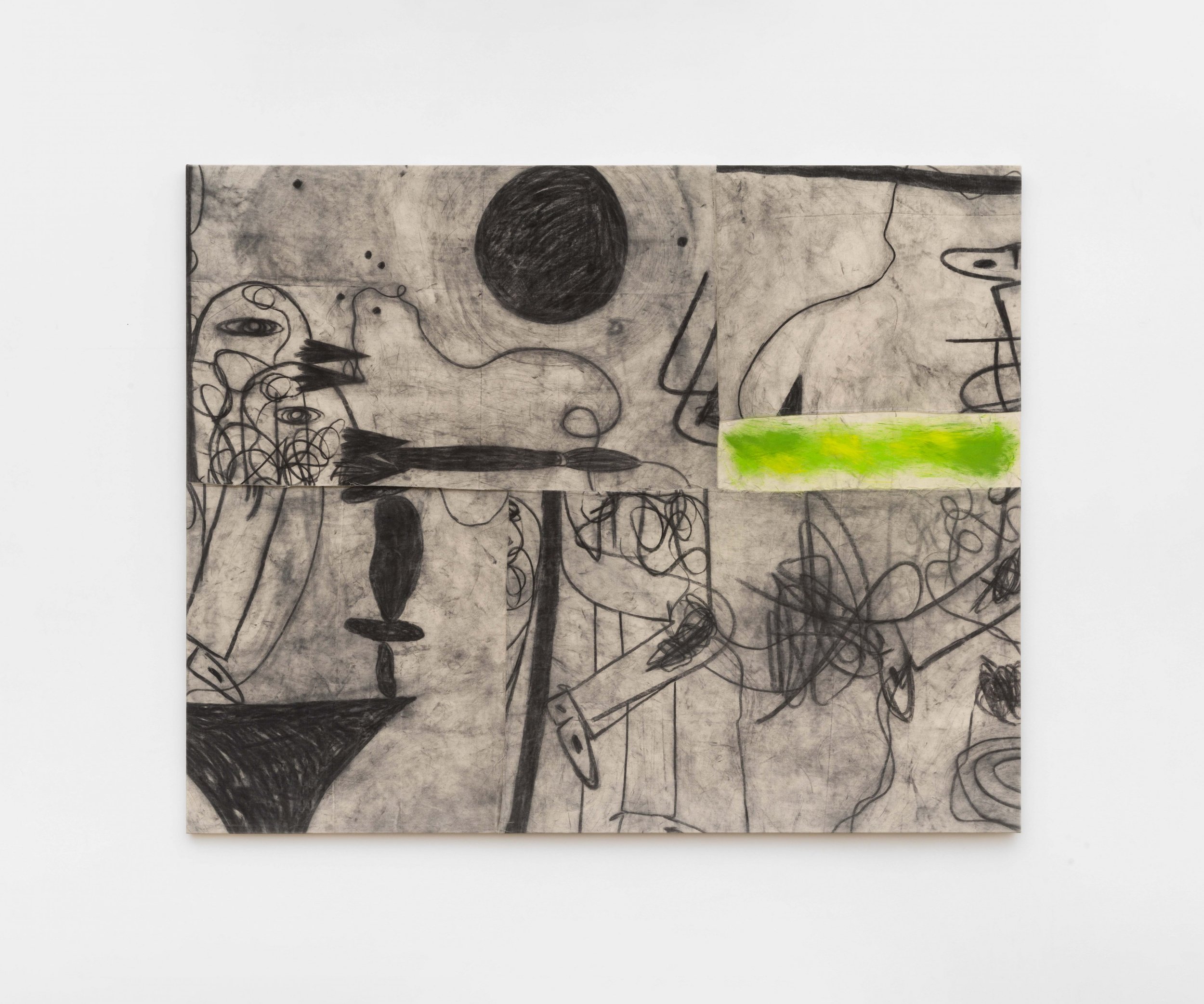 Jan Zöller,
Green painter needs a job, 2024 charcoal and pastels on canvas,
160 x 200 cm