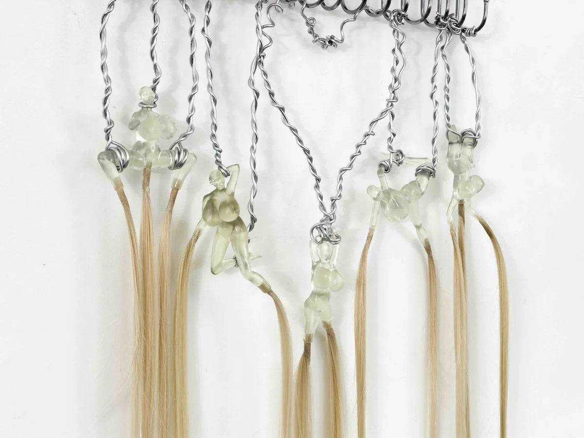Ivana Vladislava, Sextensions, 2026, Acrylic glass, heat-resistant synthetic hair, painted wood hanger, aluminium wire 157 x 33 x 4 cm 61 ¾ x 13 x 1 ⅝ in (IV052)