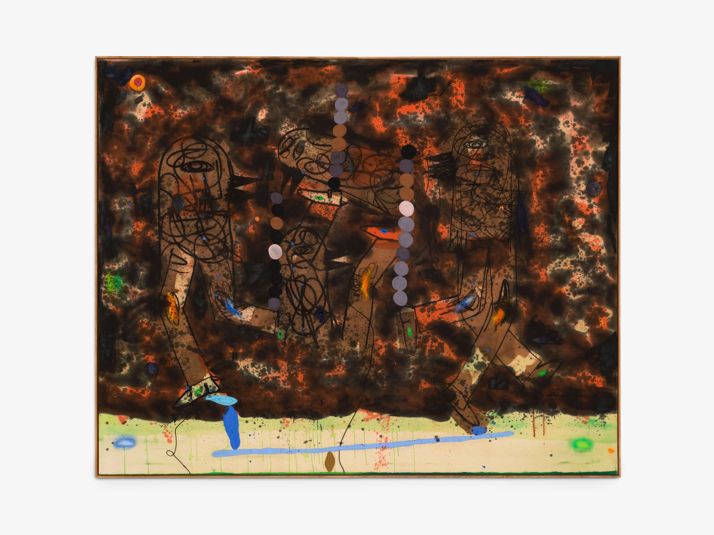 Jan Zöller,
The Motions of the habits, 2025,
Acrylic, oil, stain, charcoal and pastels on canvas, 200 × 250 cm