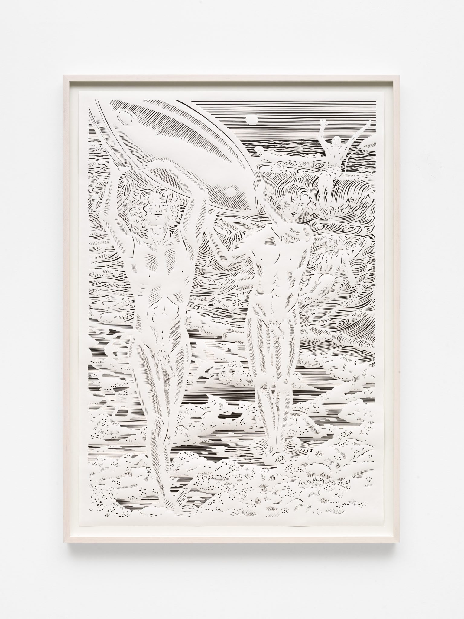 Sonja Yakoleva,
Bro Bad I, 2025,
Papercut,
paper: 27 1/2 x 39 3/8 in,
100 x 70 cm, frame: 107 x 77 cm