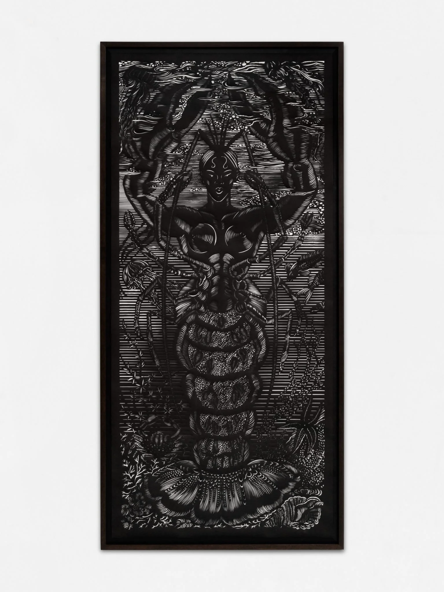 Sonja Yakovleva,
A Pregnant Lobster Lady, 2025,
Papercut,
paper: 70 78 × 32 1/4 in,
180 x 82 cm, frame 188 x 90 cm