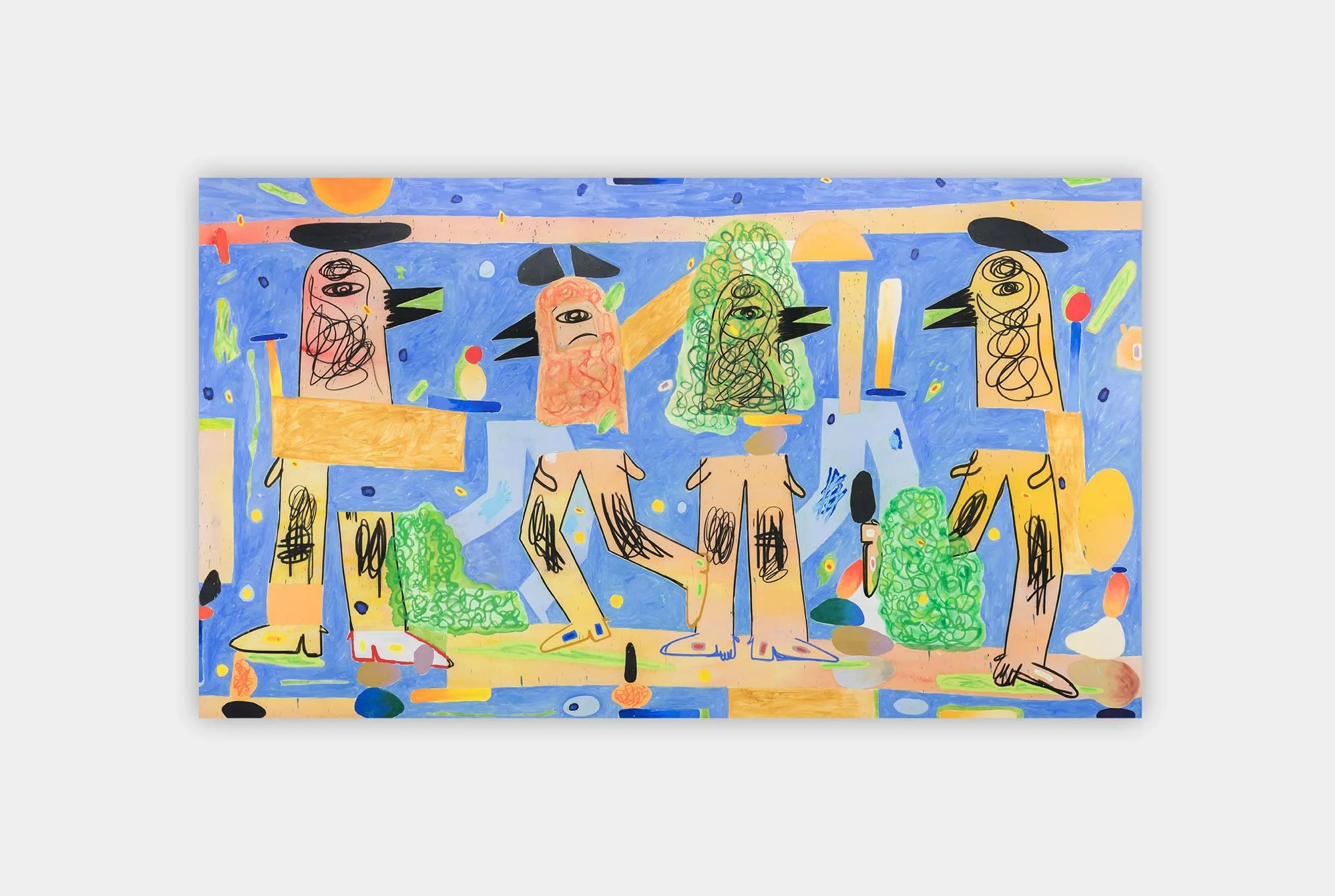 Jan Zöller, Untitled (Joy of Existence), 2022, Acrylic, oil, oil stick and charcoal on canvas,
200 x 300 cm