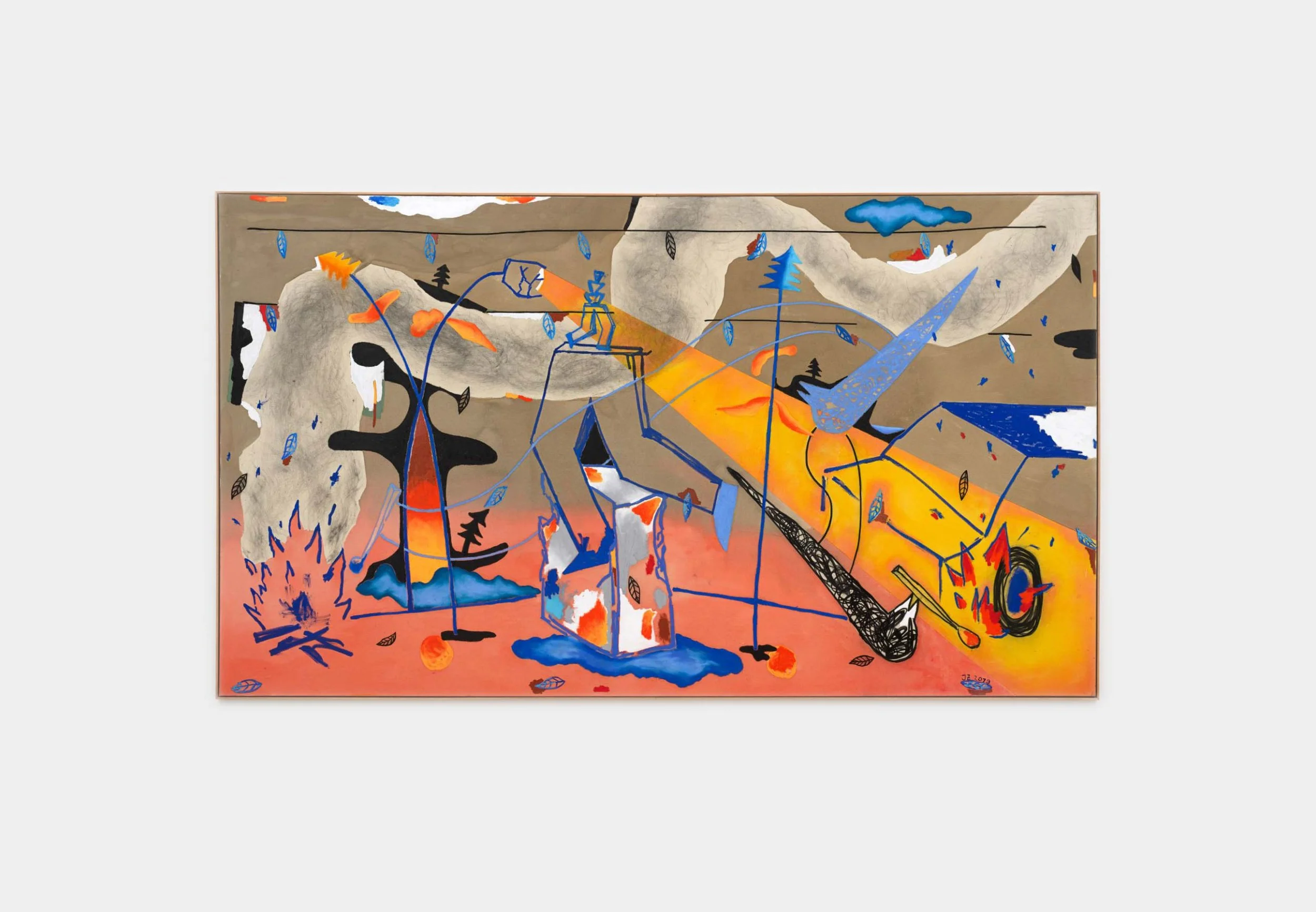 Jan Zöller, Just another day, 2019,
Acrylic, oil based coloured pencil, charcoal and pastels on canvas,
200 x 350 cm