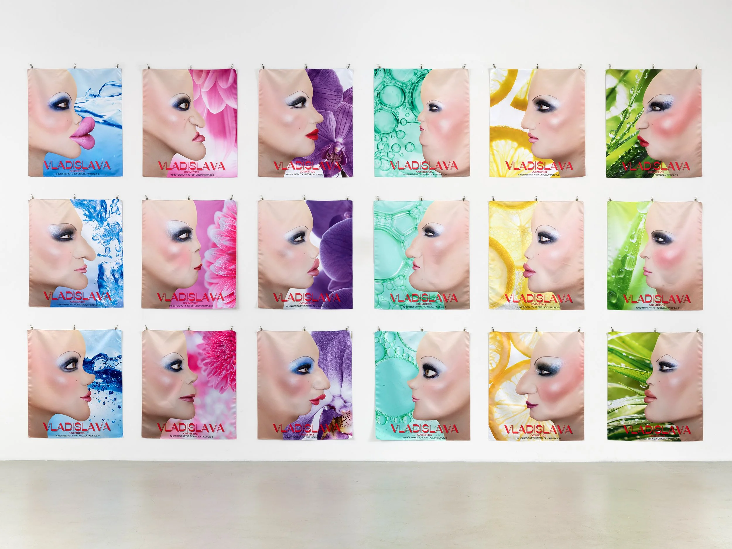 Cyber Beauty I-XVIII, 2026, Thermal sublimation print on duchesse silk, 78 x 69 cm each, 30 ¾ x 27 ⅛ in each