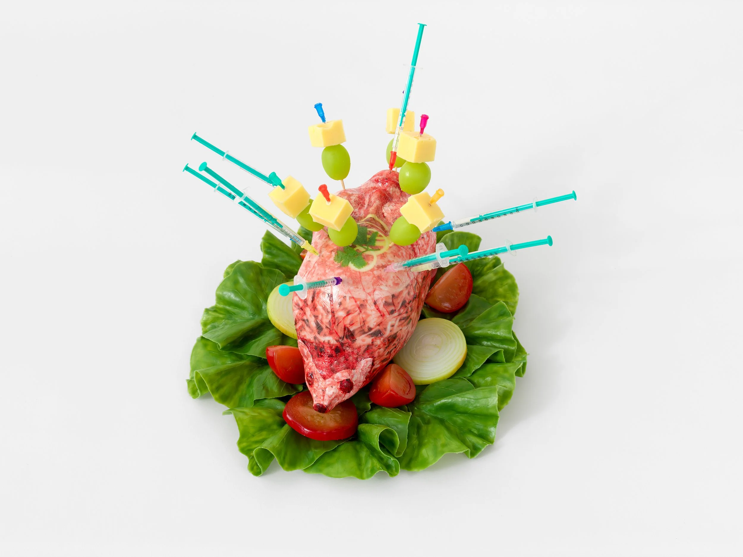 Mettigel, 2026, Paper pulp decoupage, resin, glue, acrylic, polyurethane, wax, silicone, stainless steel, syringes, 29 x 24 x 33 cm,
11 ⅜ × 9 ½ × 13 in