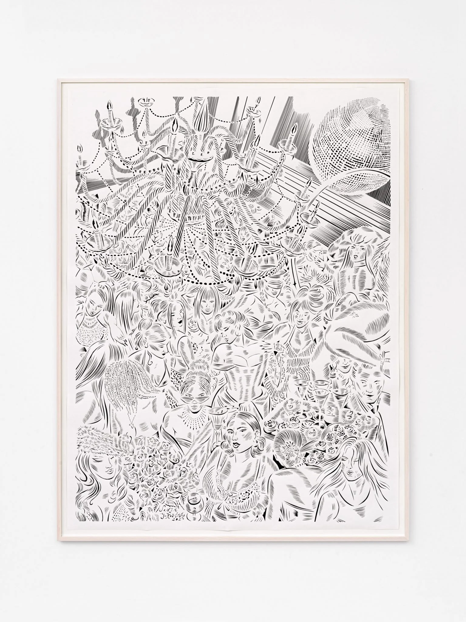 Sonja Yakovleva,
Legendäre Wiedereröffnungsparty im Pony Club nach Übernahme durch ein Szene-Gastronominnen Trio, 2025,
Papercut,
paper: 63 x 47 1/4 in,
160 x 120 cm, frame: 167 x 127 cm