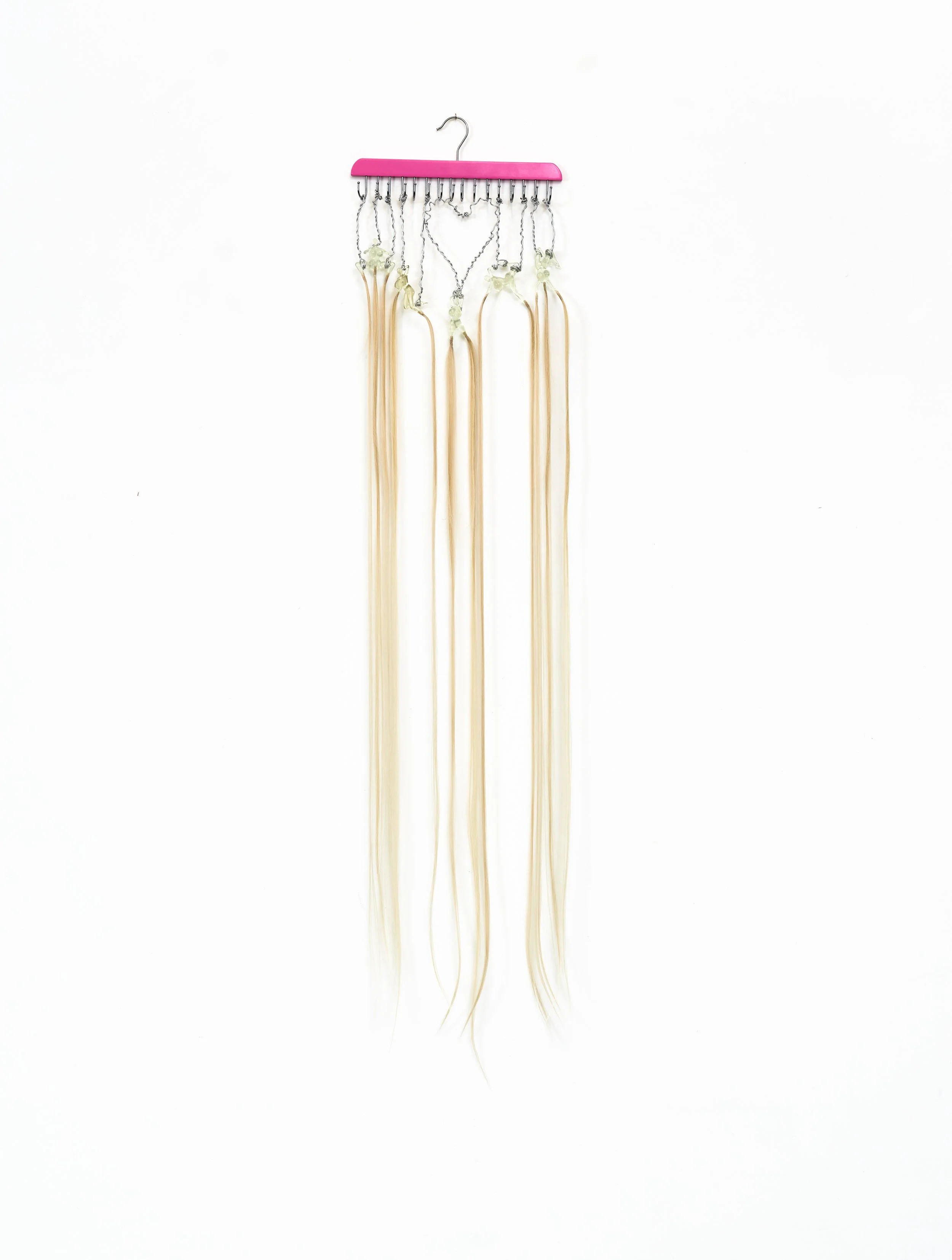 Sextensions, 2026, Acrylic glass, heat-resistant synthetic hair, painted wood hanger, aluminium wire, 157 x 33 x 4 cm, 61 ⅝ × 13 × 1 ⅝ in