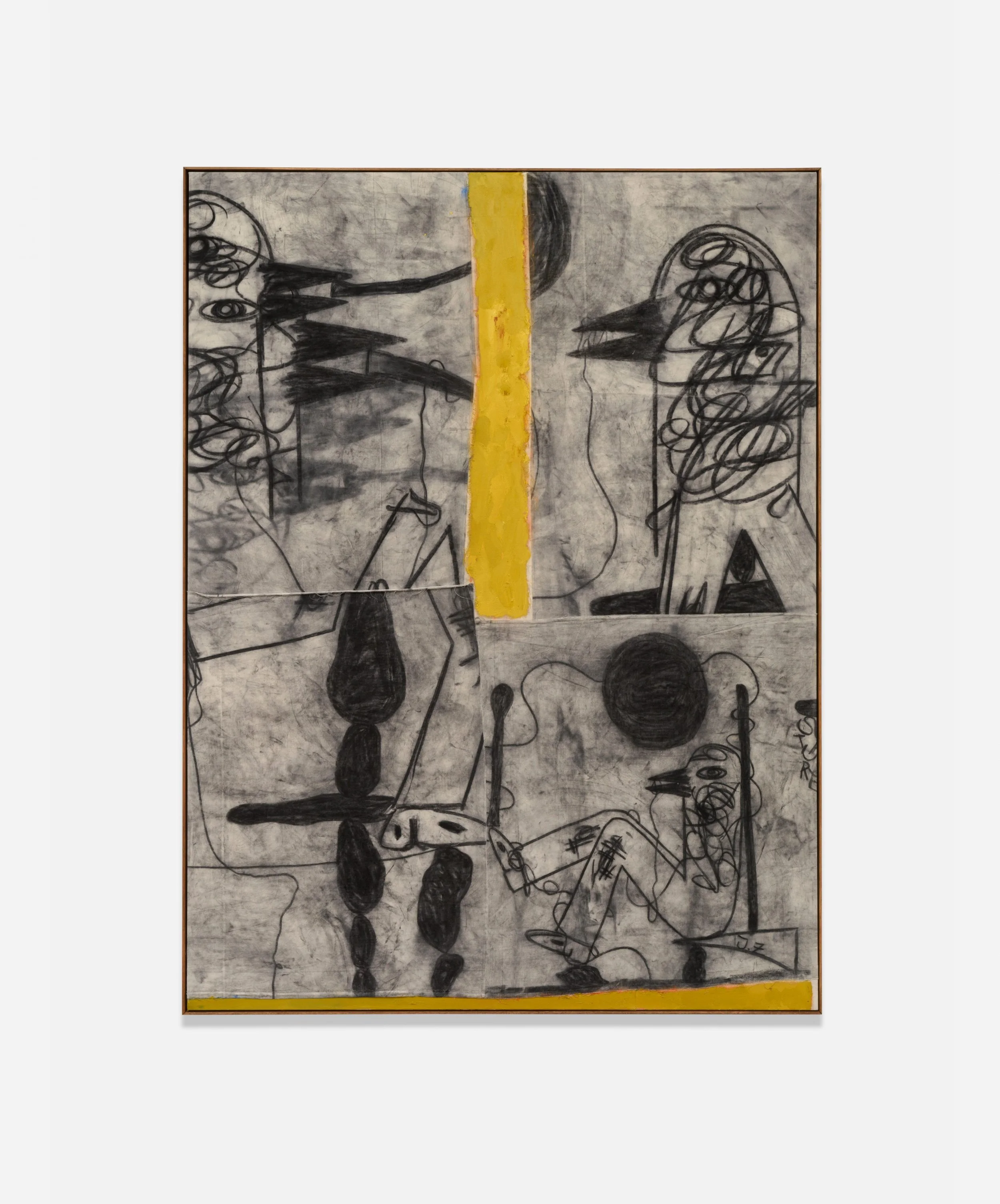 Jan Zöller,
Loneliness has a purpose, 2024,
Charcoal and oil on sewed canvas,
200 x 150 cm
