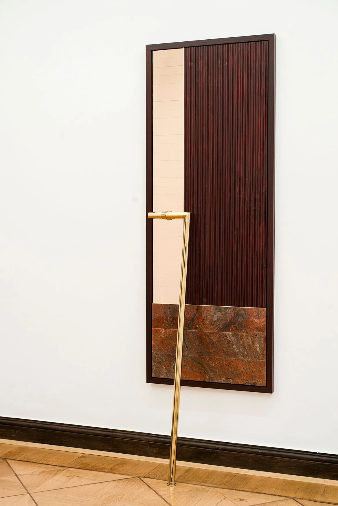 Stefan Knauf, Piazza del Cuore Sviato III, 2018
Wood, brass, rosaline glass, granite on wood 203 × 78 cm