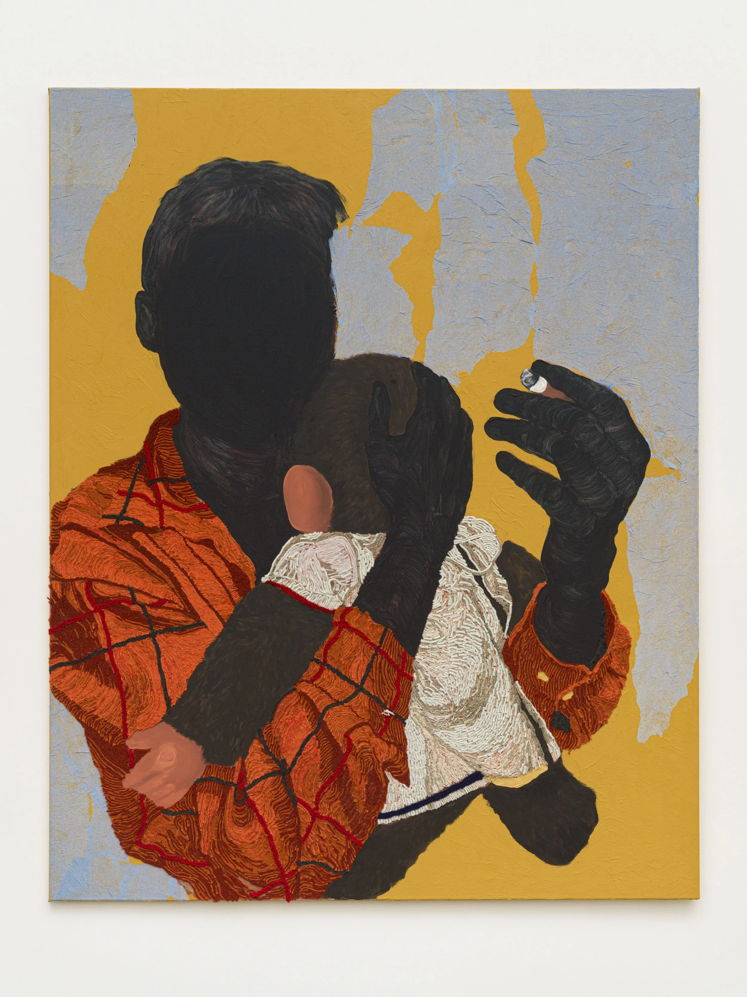 Kensise Anders,
Unfinished Holes, 2023,
Acrylic, crepe paper and cotton crochet threads on canvas,
150 x 120 cm