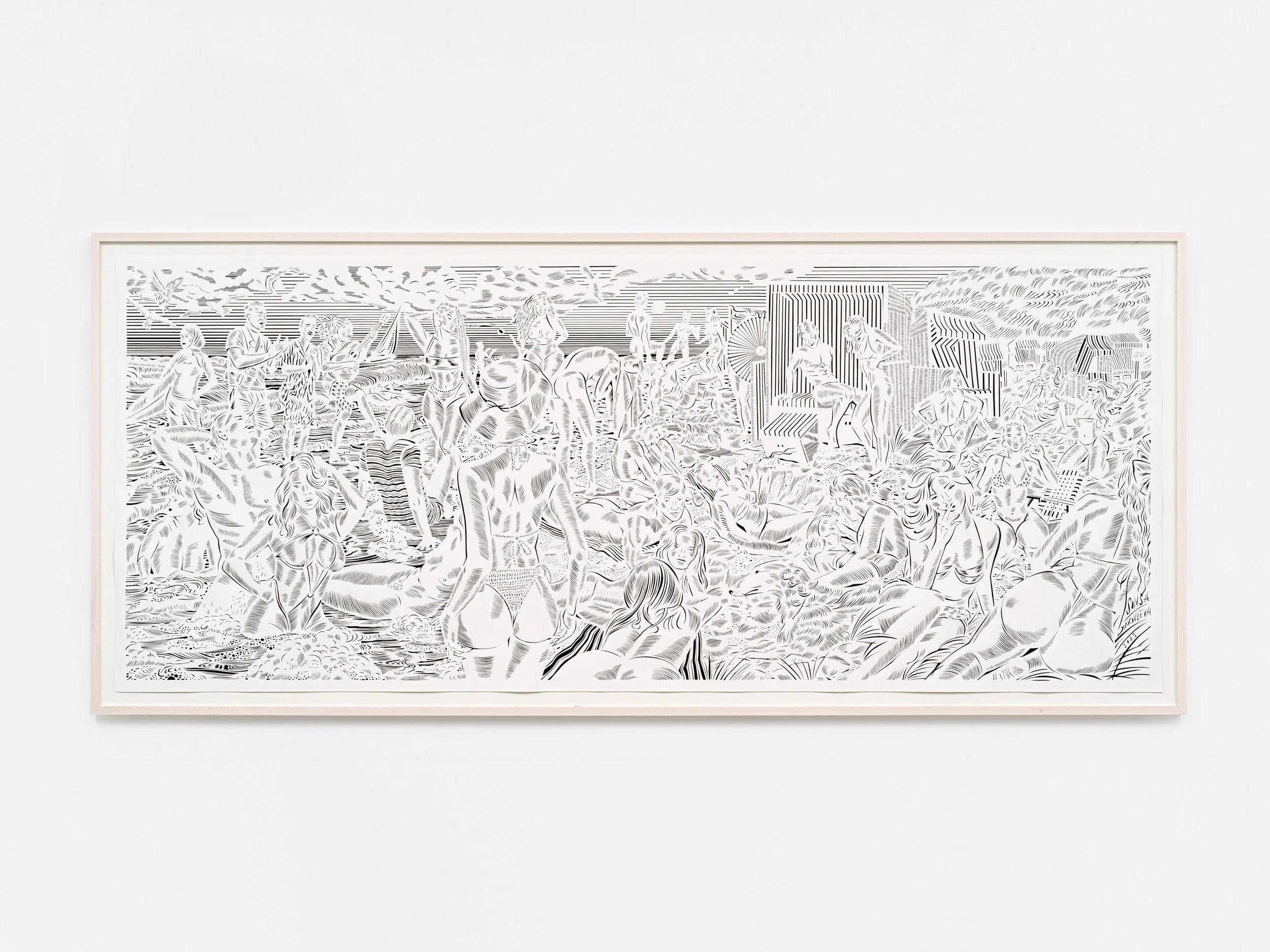 Sonja Yakovleva,
Grüße von der Insel Sylt, 2025,
Papercut,
paper: 38 5/8 x 94 1/2 in,
98 x 240 cm, frame 110 x 250 cm