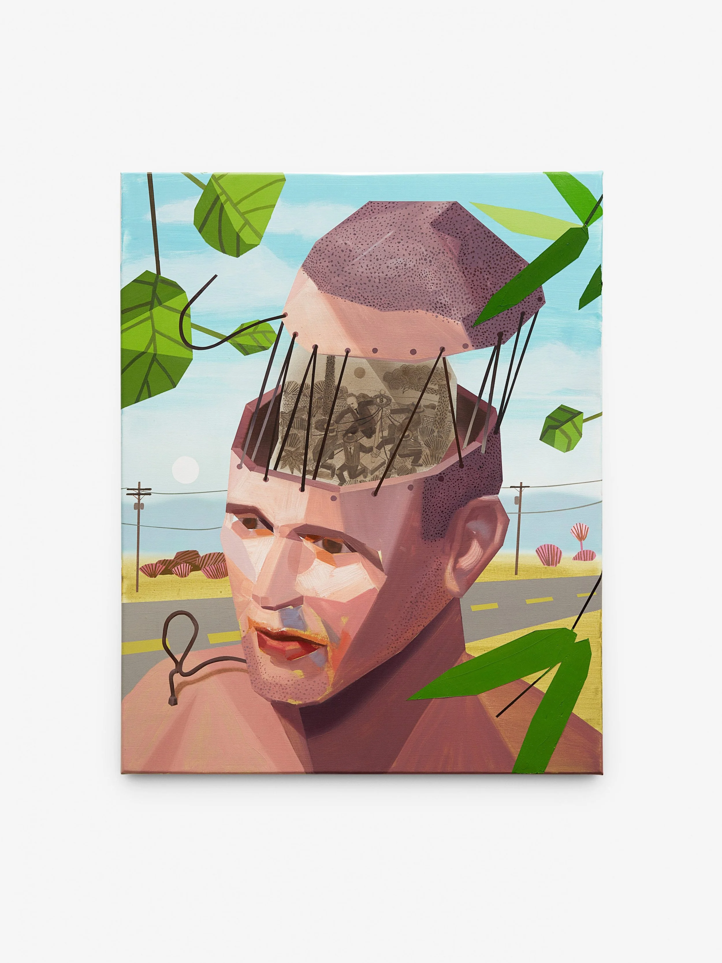 Brandon Lipchik,
Idle Toughts Along the Road, 2025,
Oil, acrylic and ink on canvas,
39 3/8 x 311/2 in,
100 x 80 cm