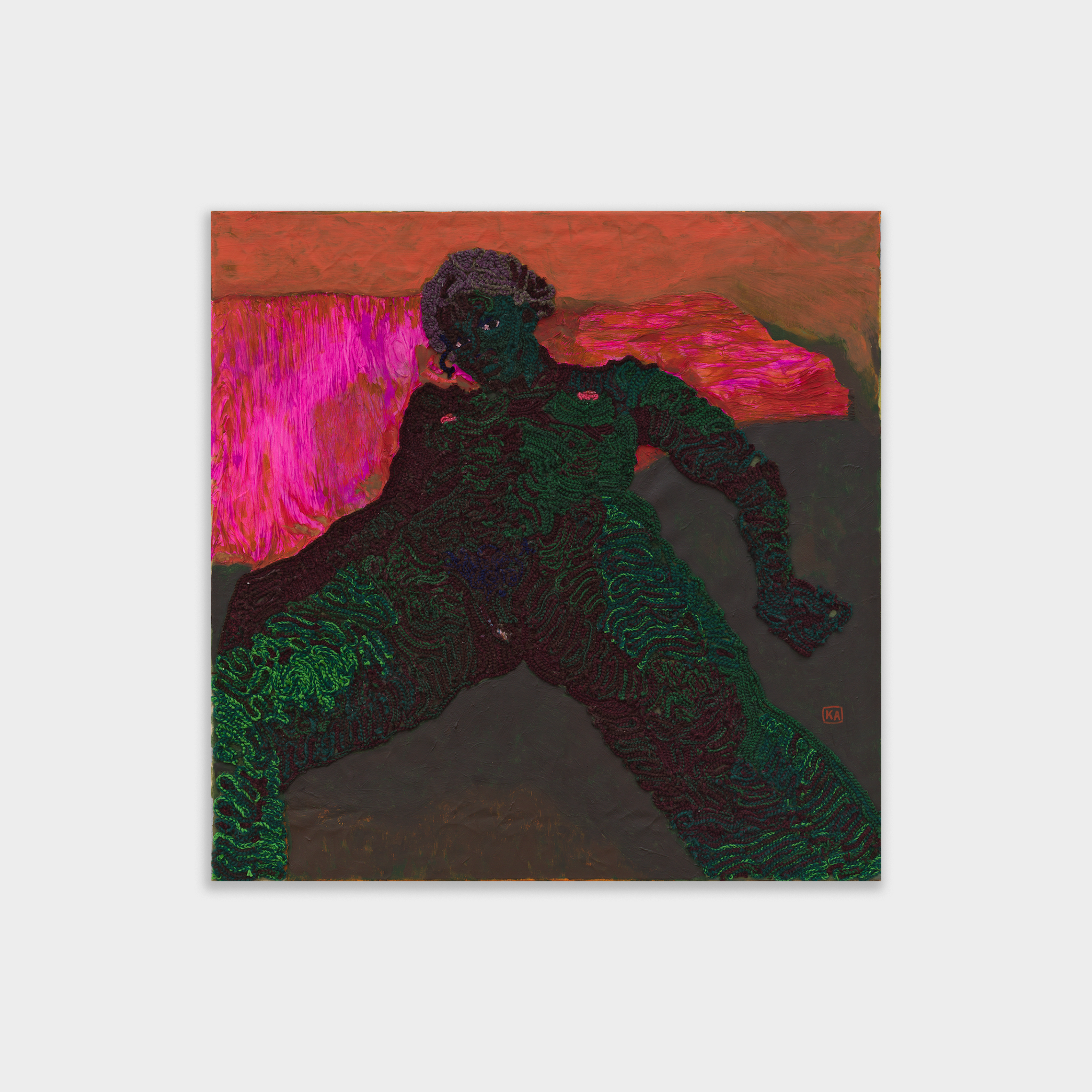Kensise Anders,
Hibiskus, 2023,
Crocheted wool/yarn glued on covered linen, pasted crepe paper, acrylic paint,
100 x 100 cm