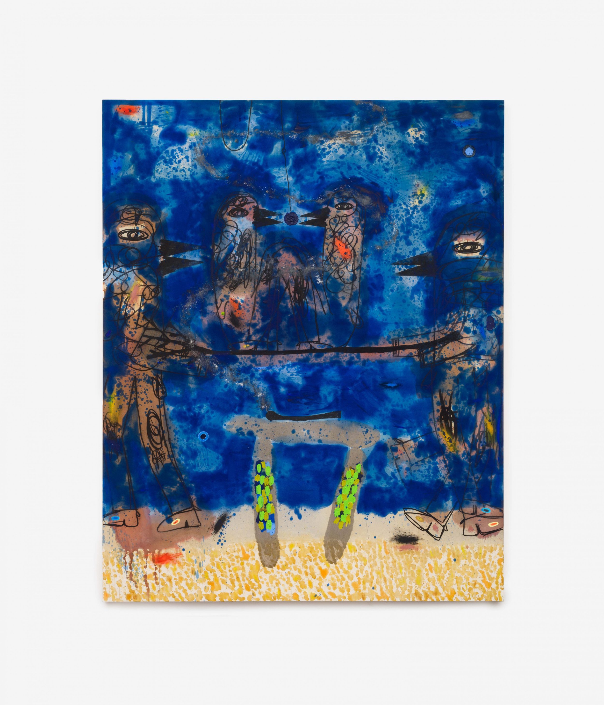 Jan Zöller,
Rehearsal of truth, 2024,
oil, oilstick, stain, acrylic and pastels on canvas,
250 x 200 cm