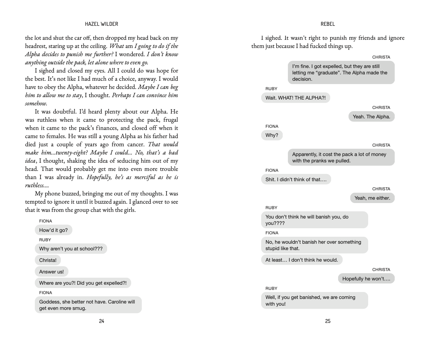 Rebel by Hazel Wilder Sample Page with Text Messages