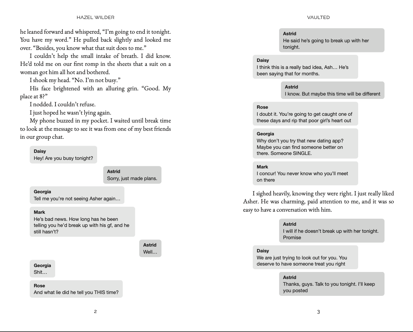Vaulted by Hazel Wilder Sample Page with Text Messages