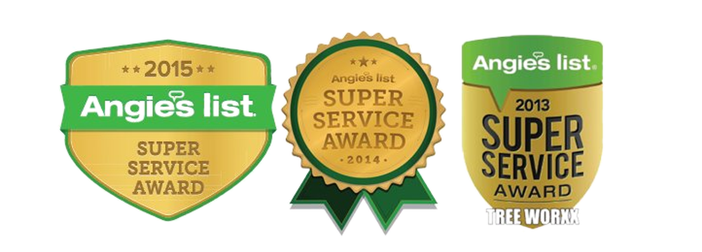 A collection of three award badges for excellent service from Angie's list, representing the years 2013, 2014, and 2015, with the 2014 badge emphasizing 'Super Service Award'.