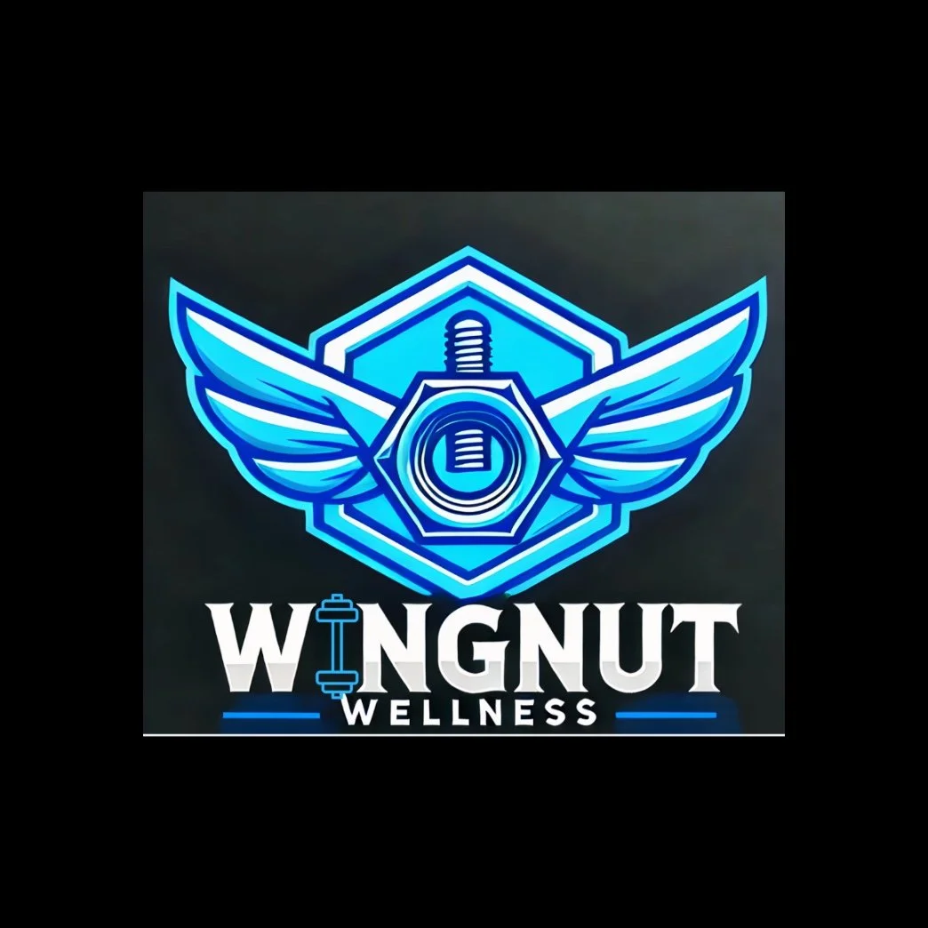 Neon sign logo for Wingnut Wellness with a winged bolt icon, blue and white colors, and bold text.