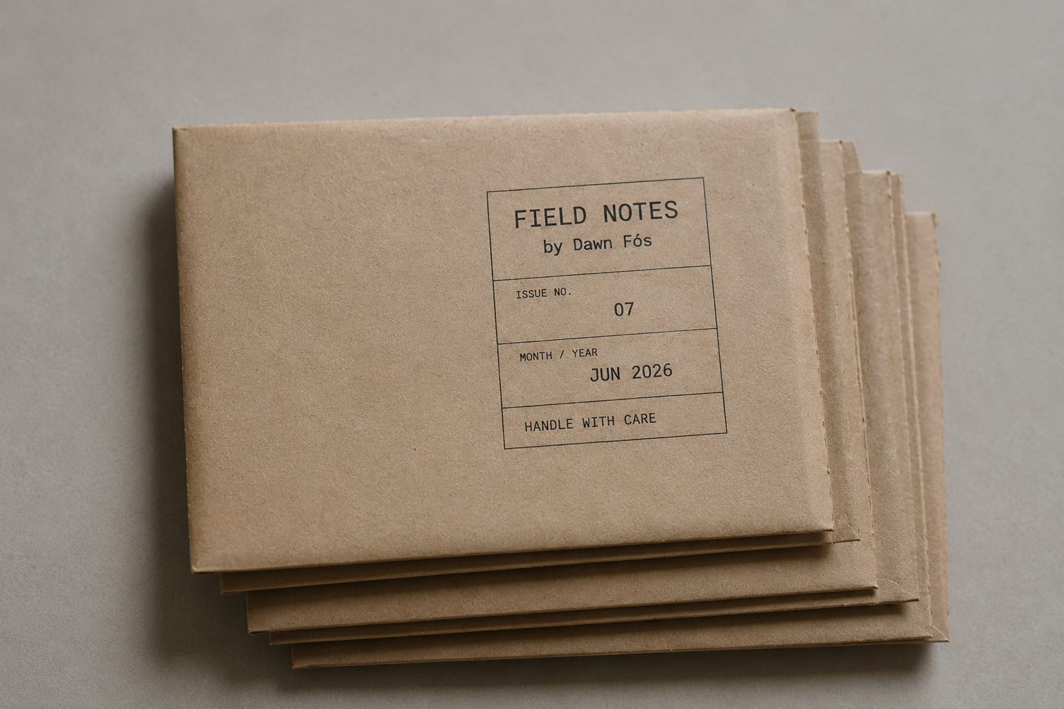 Stack of brown notebooks with a label reading 'Field Notes by Dawn Fós, Issue No. 07, June 2026, Handle with Care' on top.