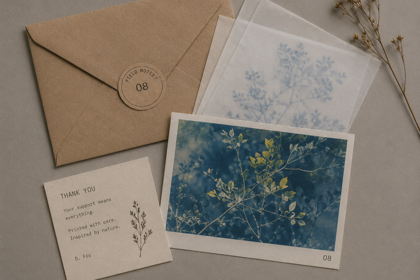 Flat lay of a brown envelope with a circular sticker labeled 08, two botanical printed papers, a thank you card with a plant illustration, and a sprig of dried flowers on a gray background.