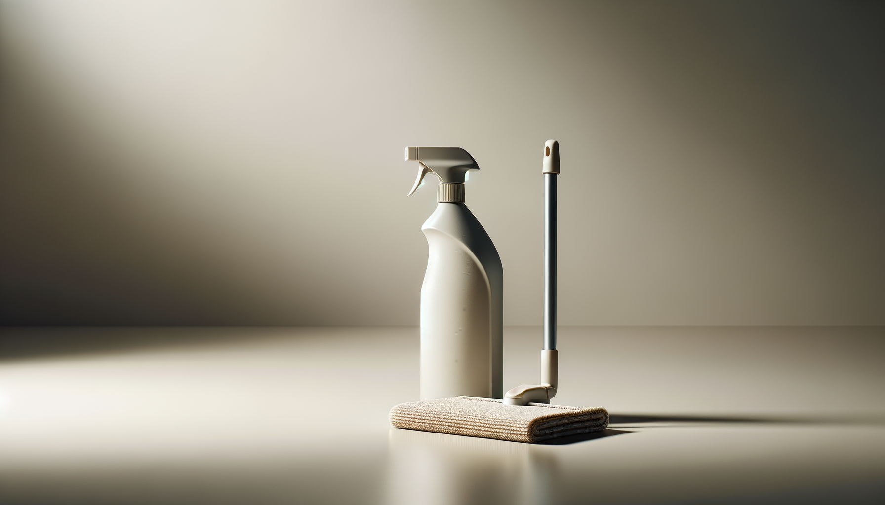 Cleaning supplies on a beige cloth, including a spray bottle, a mop, and a beige cloth, set on a flat surface with a gradient background.