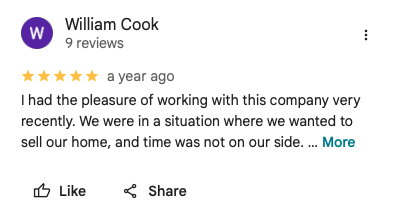 Screenshot of a Google review from William Cook with five stars, praising a company's professionalism and positive experience, posted a year ago.