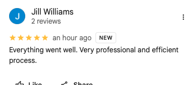 Screenshot of a Google review by Jill Williams, rating 5 stars, praising the professional and efficient process.